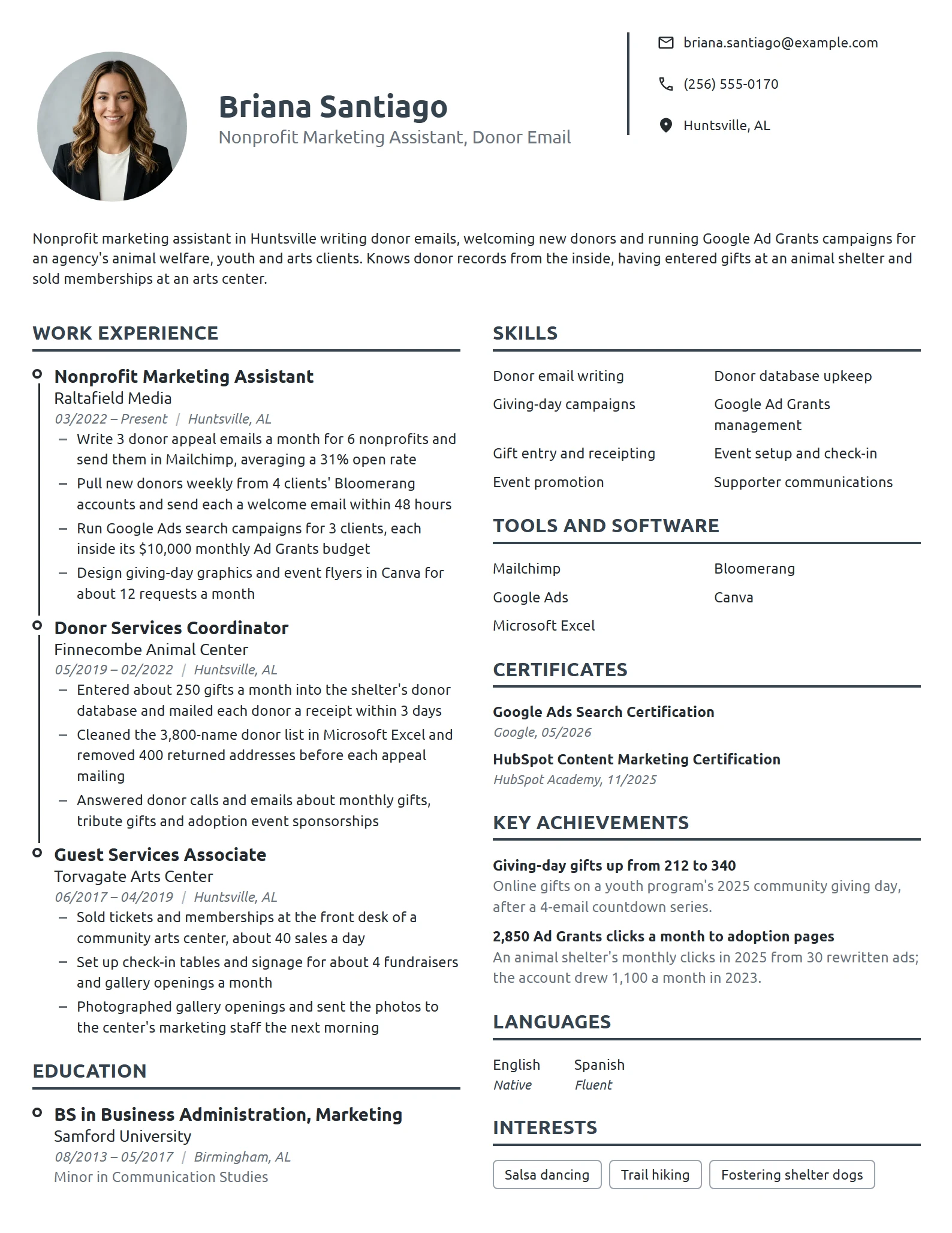 Nonprofit Marketing Assistant resume example