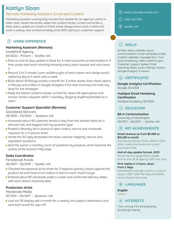 Remote Marketing Assistant resume example
