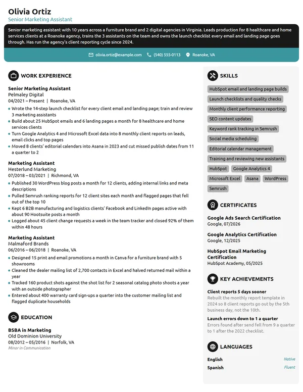 Senior Marketing Assistant resume example