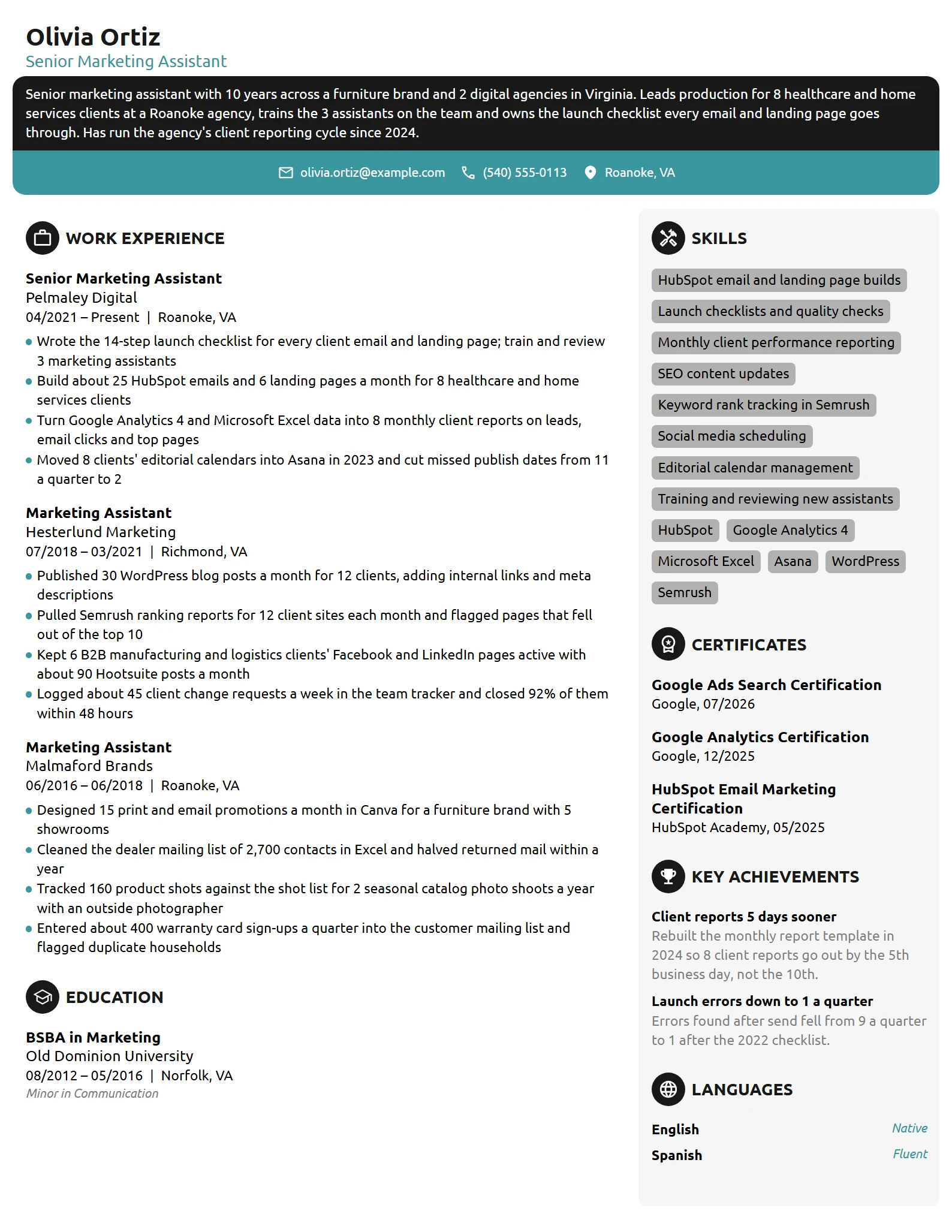 Senior Marketing Assistant resume example