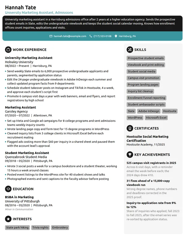 University Marketing Assistant resume example
