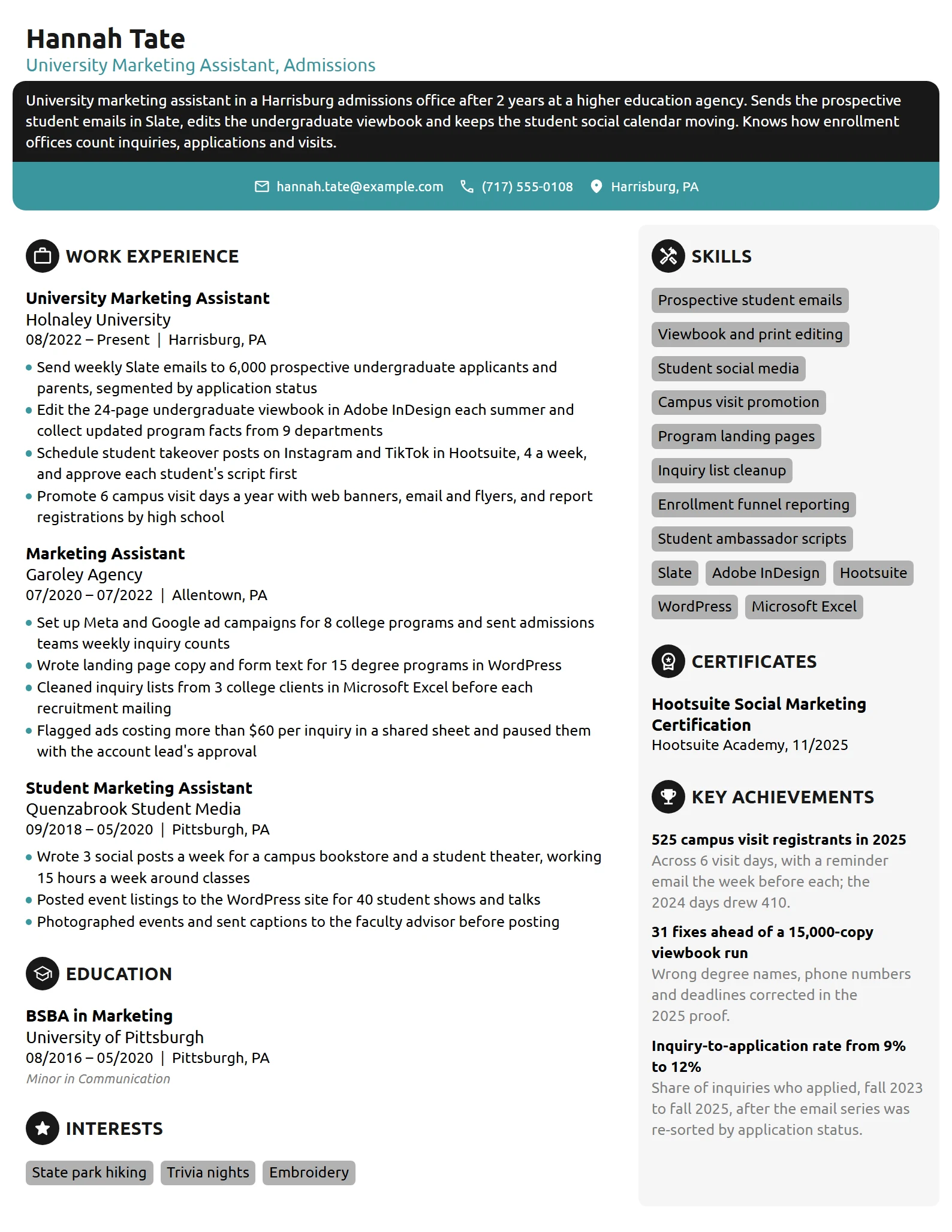 University Marketing Assistant resume example