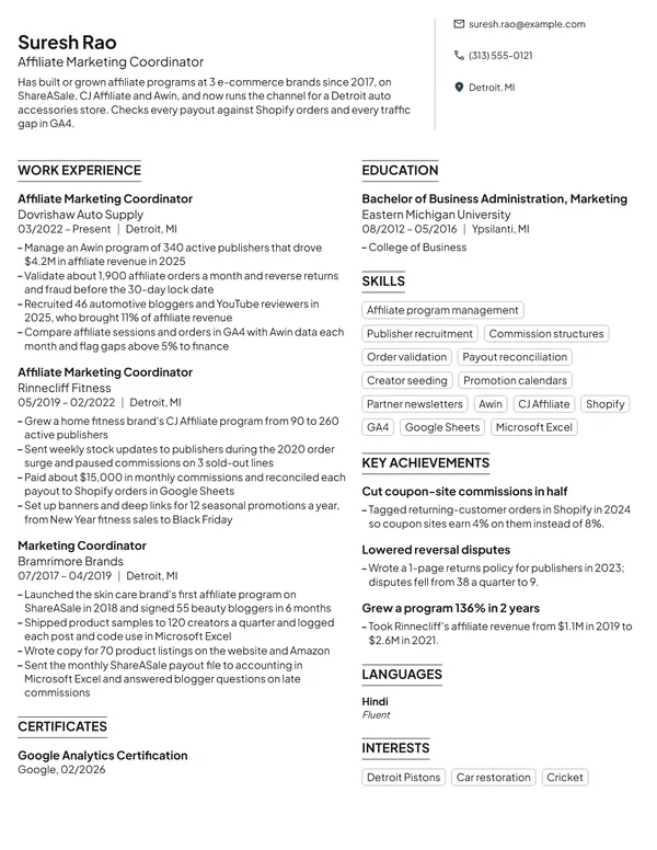 Affiliate Marketing Coordinator resume example