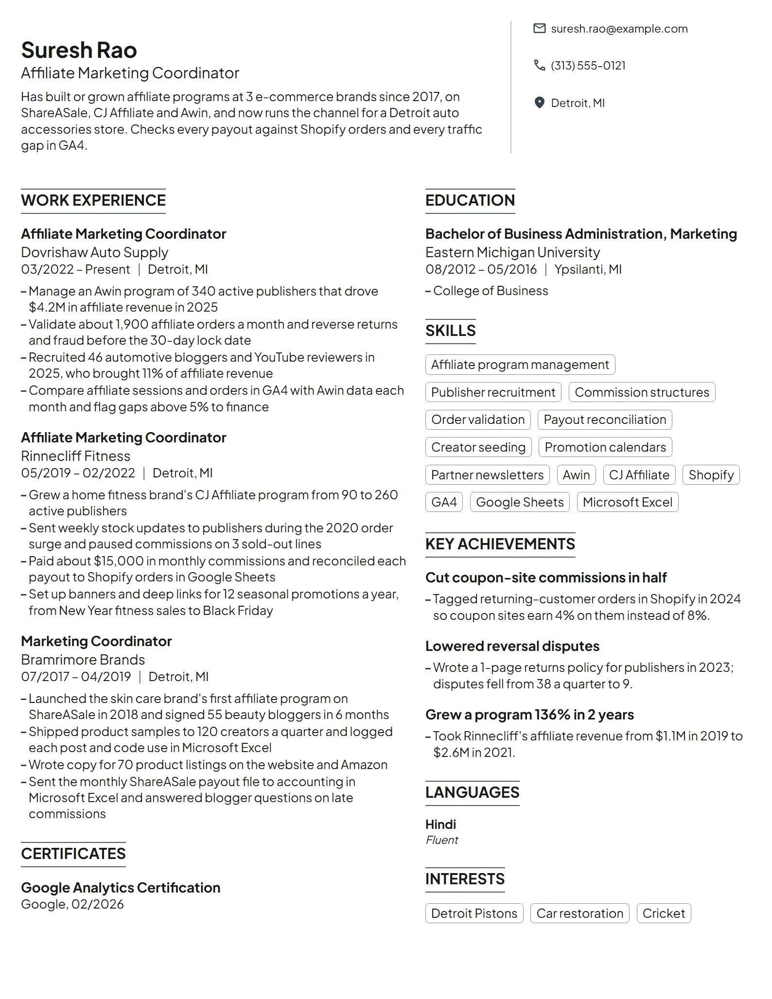Affiliate Marketing Coordinator resume example