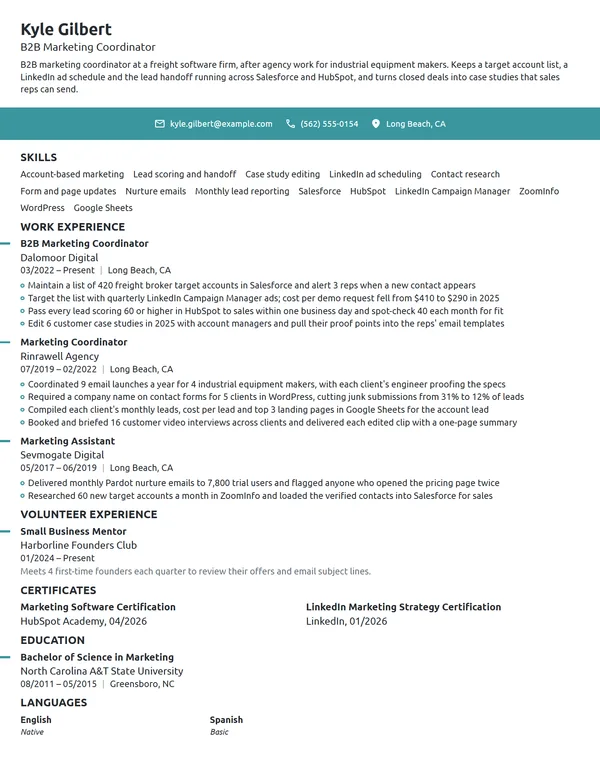 B2B Marketing Coordinator resume example