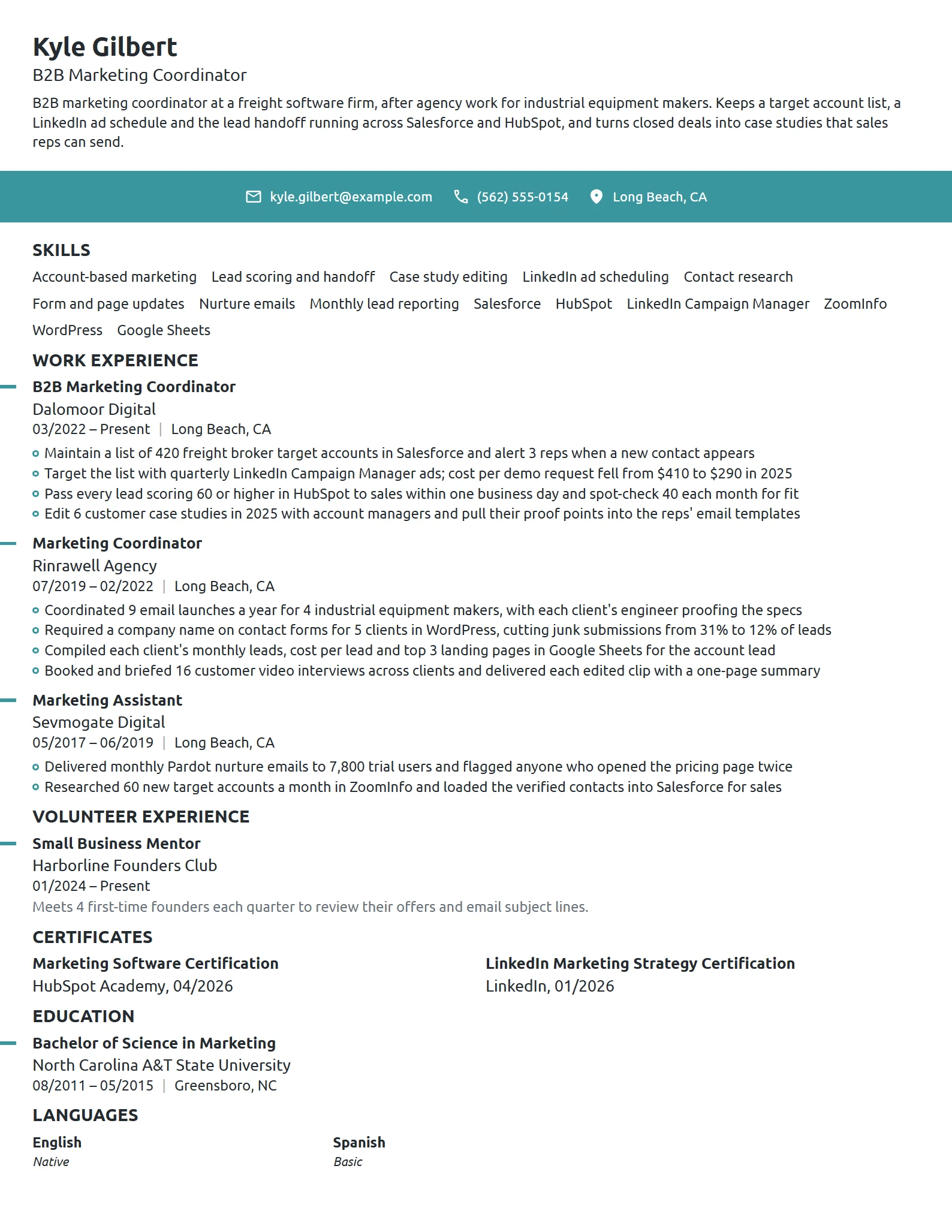 B2B Marketing Coordinator resume example