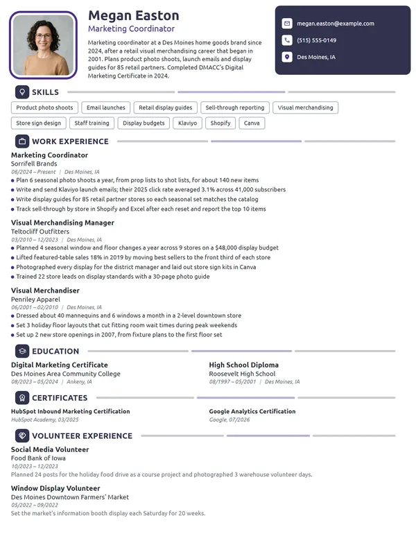 Career Change Marketing Coordinator resume example