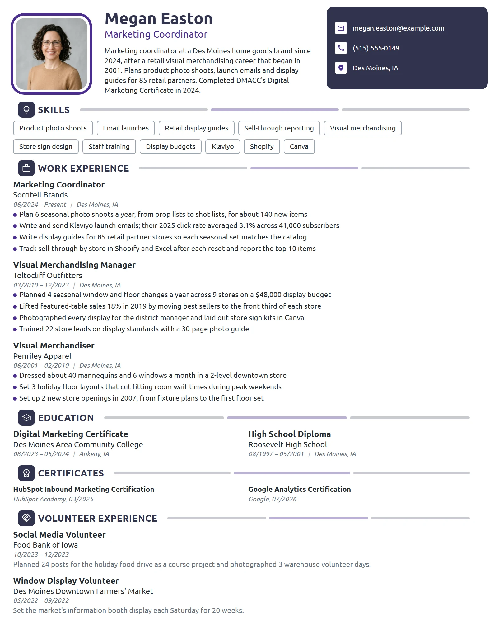 Career Change Marketing Coordinator resume example
