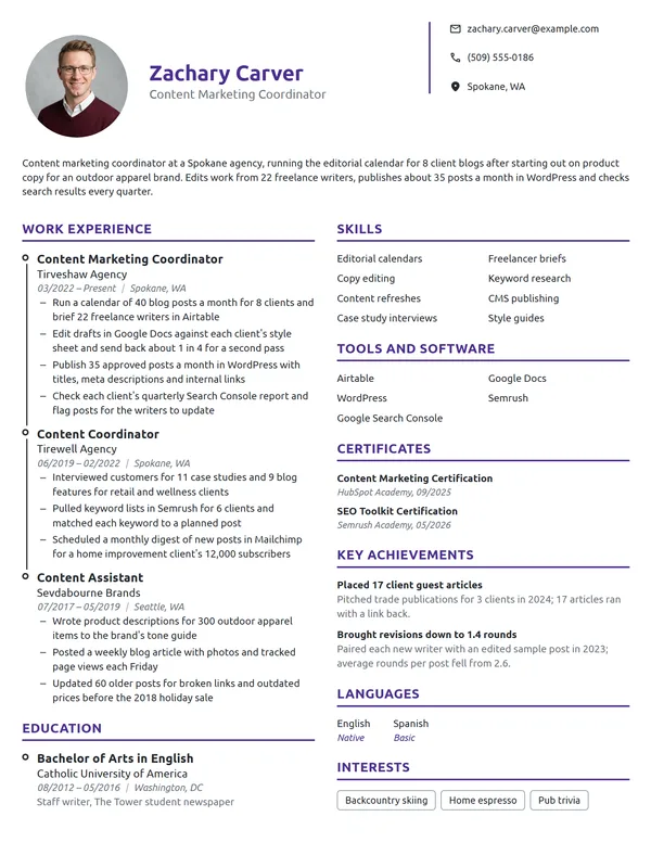 Content Marketing Coordinator resume example