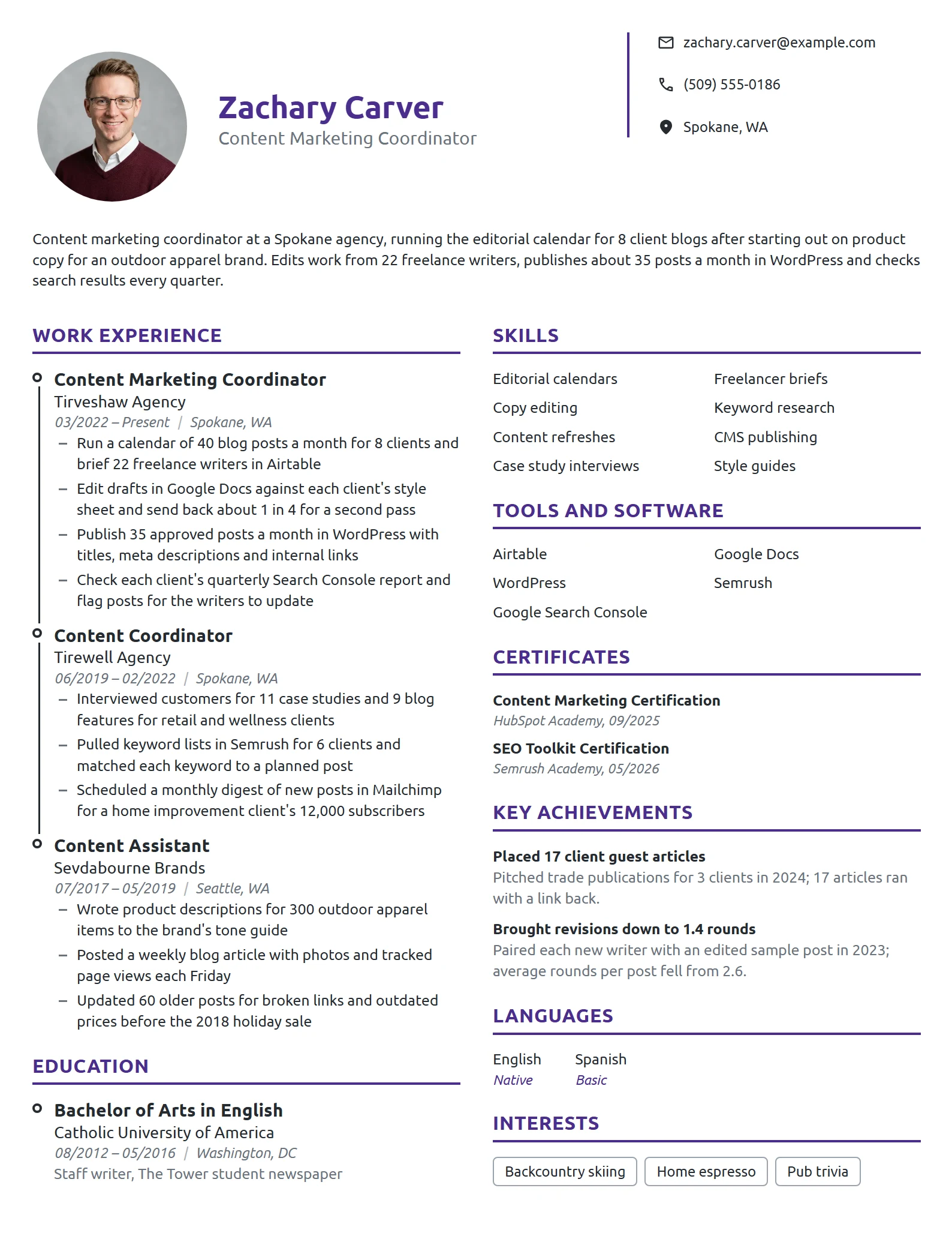 Content Marketing Coordinator resume example