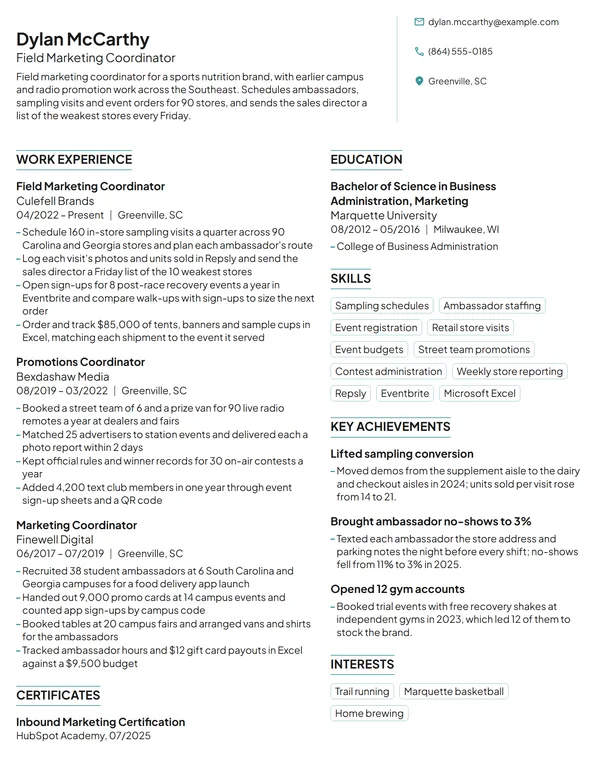 Field Marketing Coordinator resume example