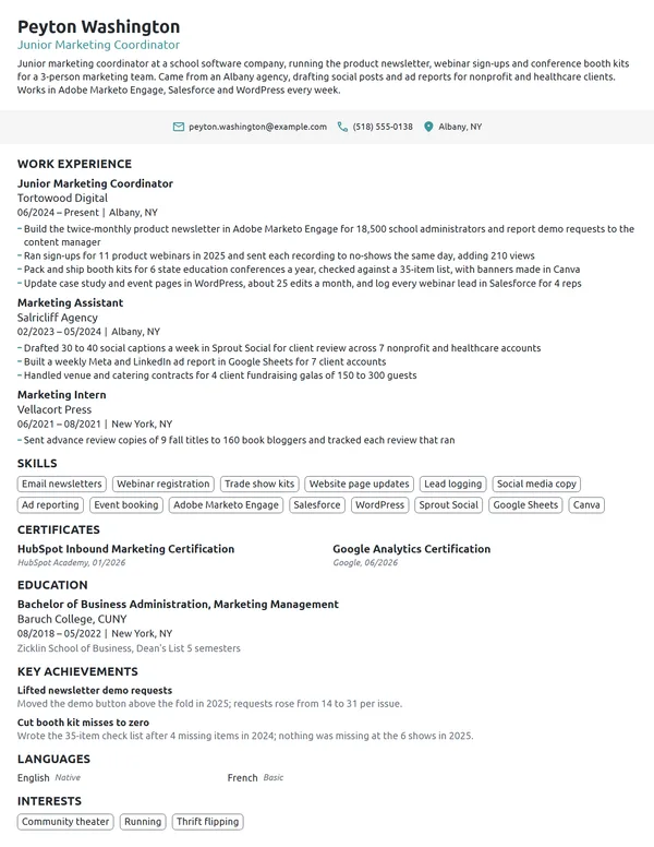Junior Marketing Coordinator resume example
