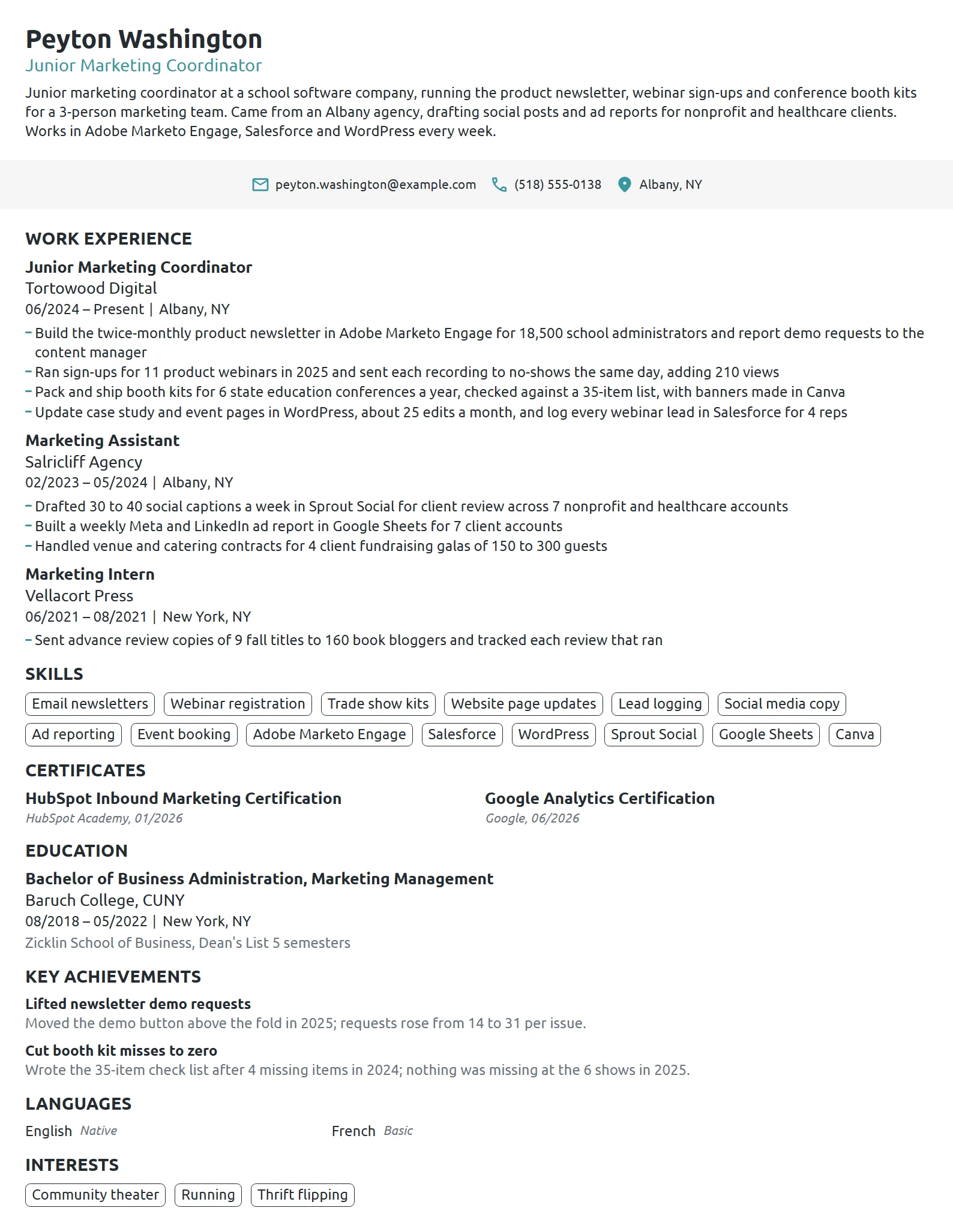 Junior Marketing Coordinator resume example