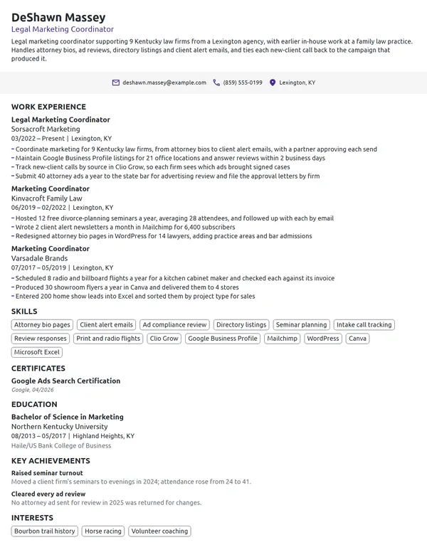 Legal Marketing Coordinator resume example