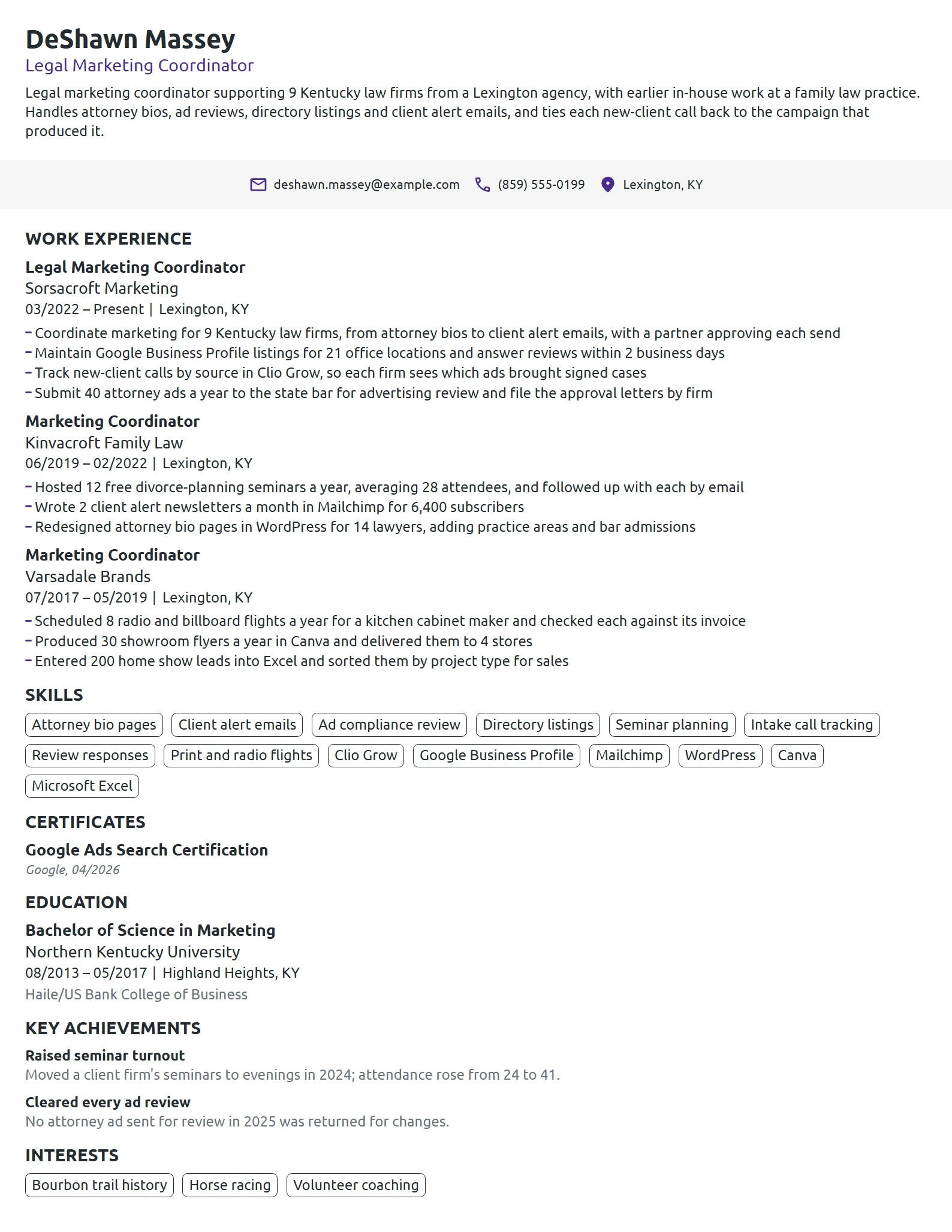 Legal Marketing Coordinator resume example