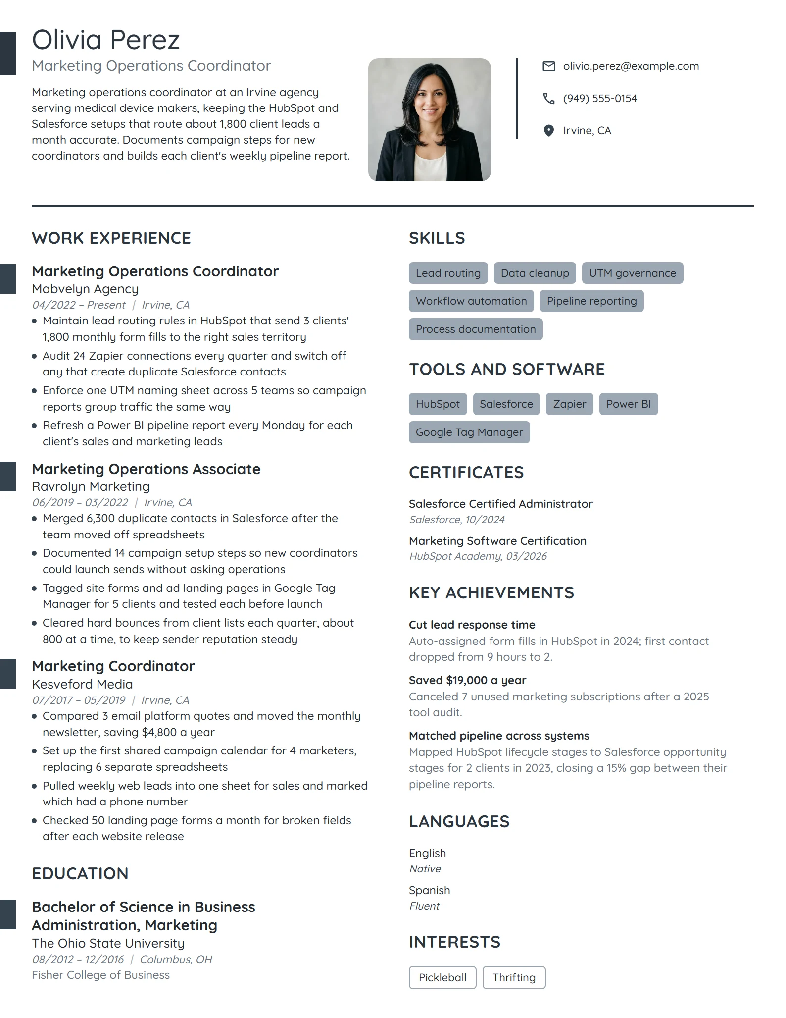 Marketing Operations Coordinator resume example
