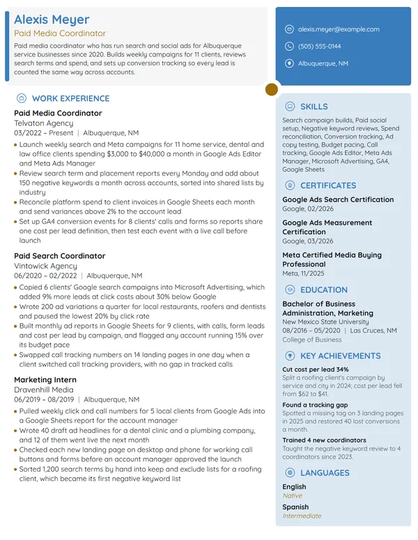 Paid Media Coordinator resume example