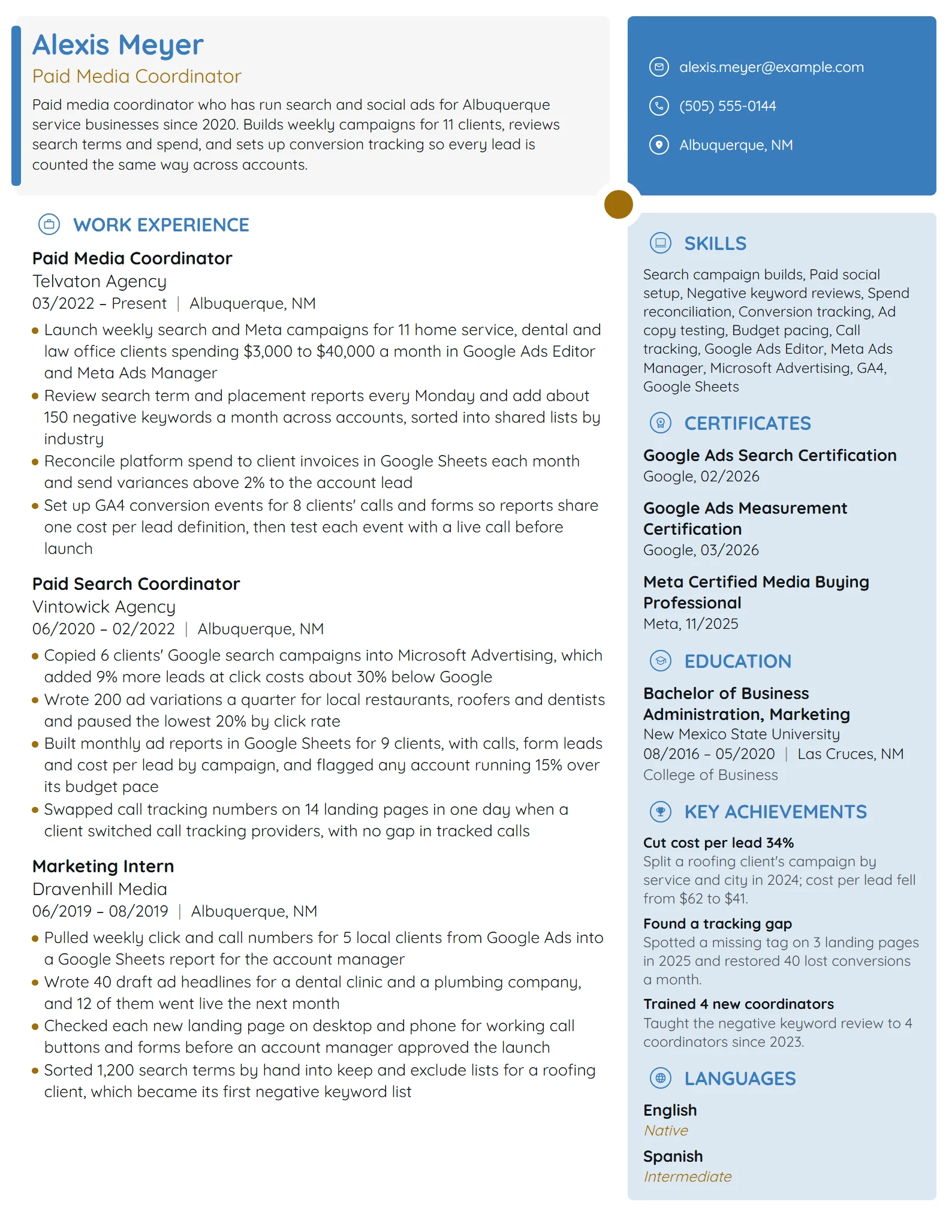 Paid Media Coordinator resume example