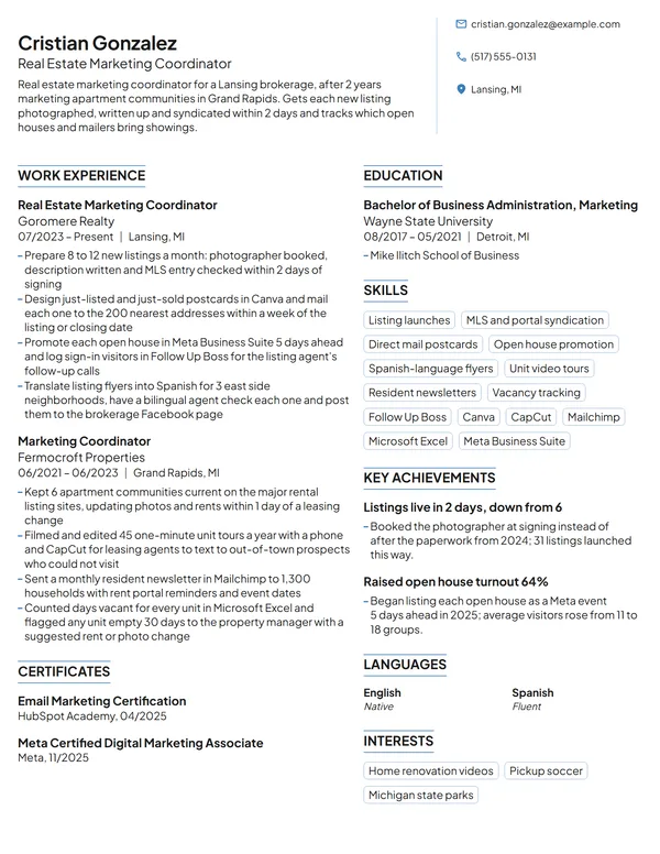 Real Estate Marketing Coordinator resume example