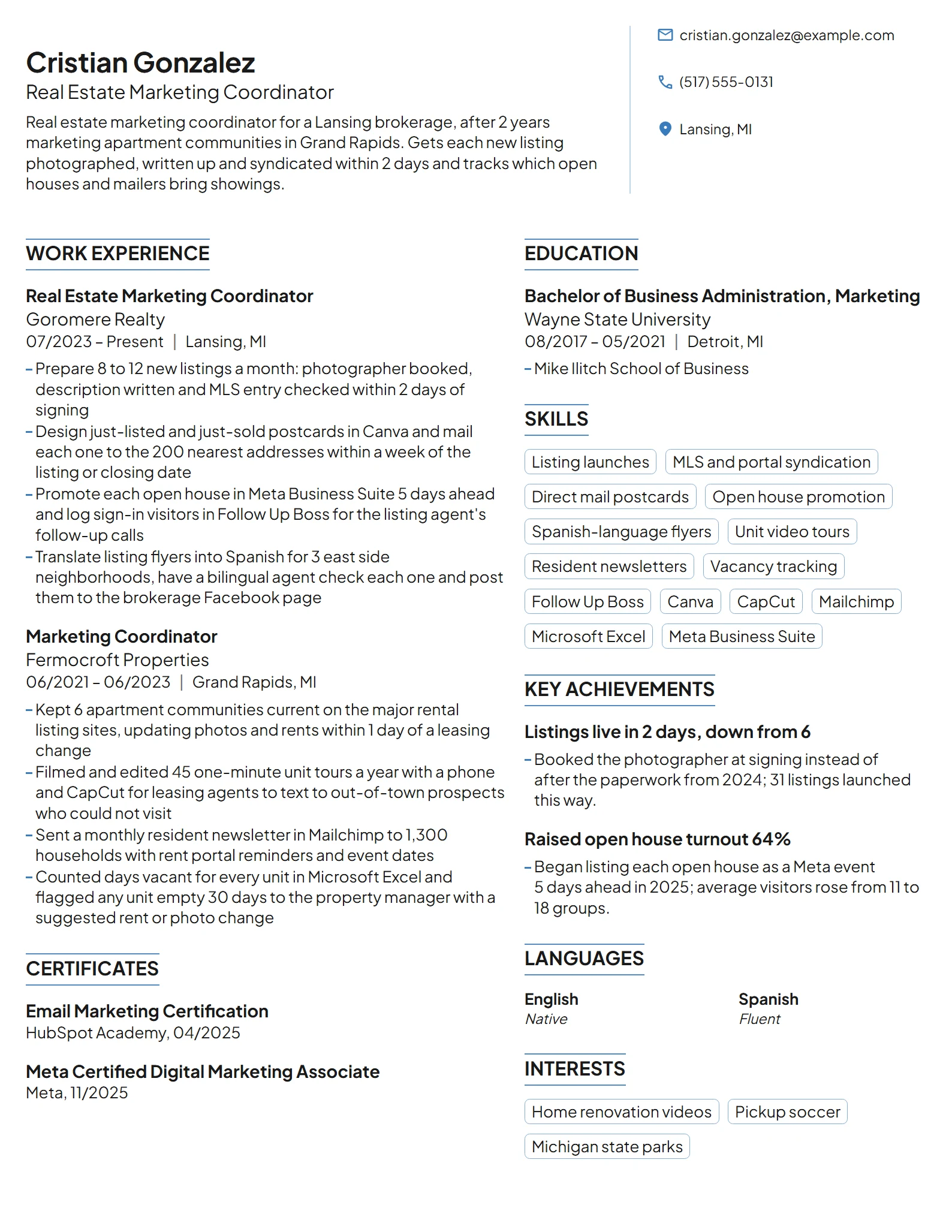 Real Estate Marketing Coordinator resume example
