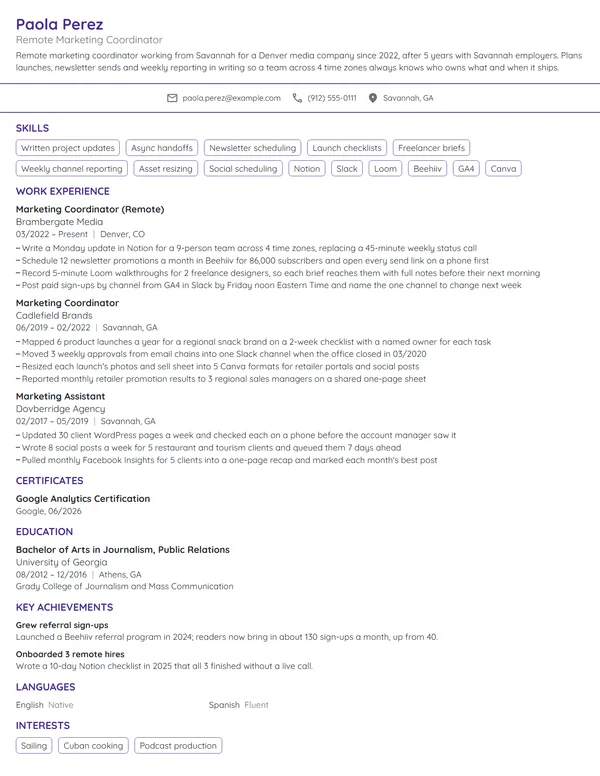 Remote Marketing Coordinator resume example
