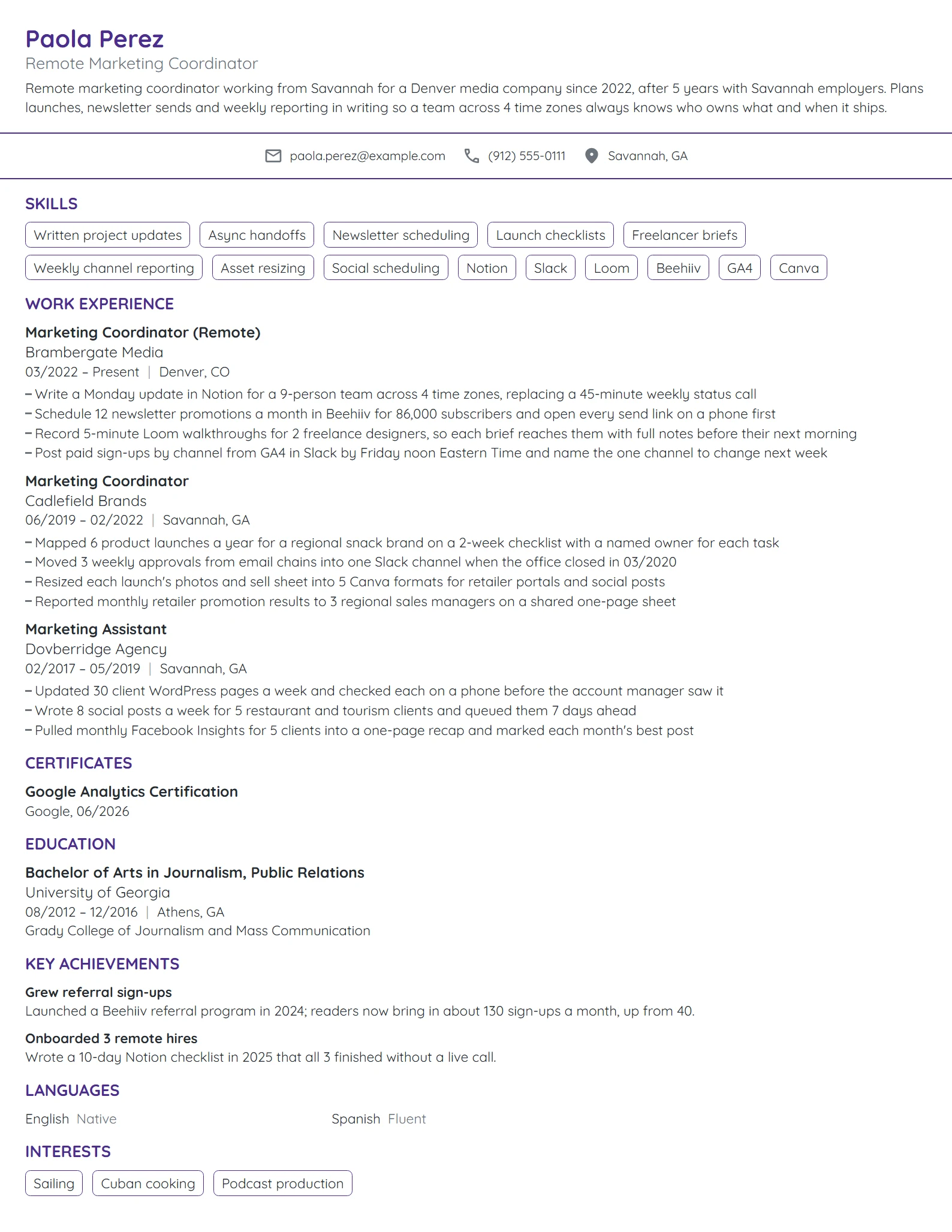 Remote Marketing Coordinator resume example