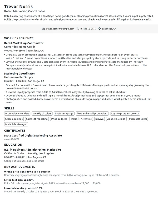 Retail Marketing Coordinator resume example