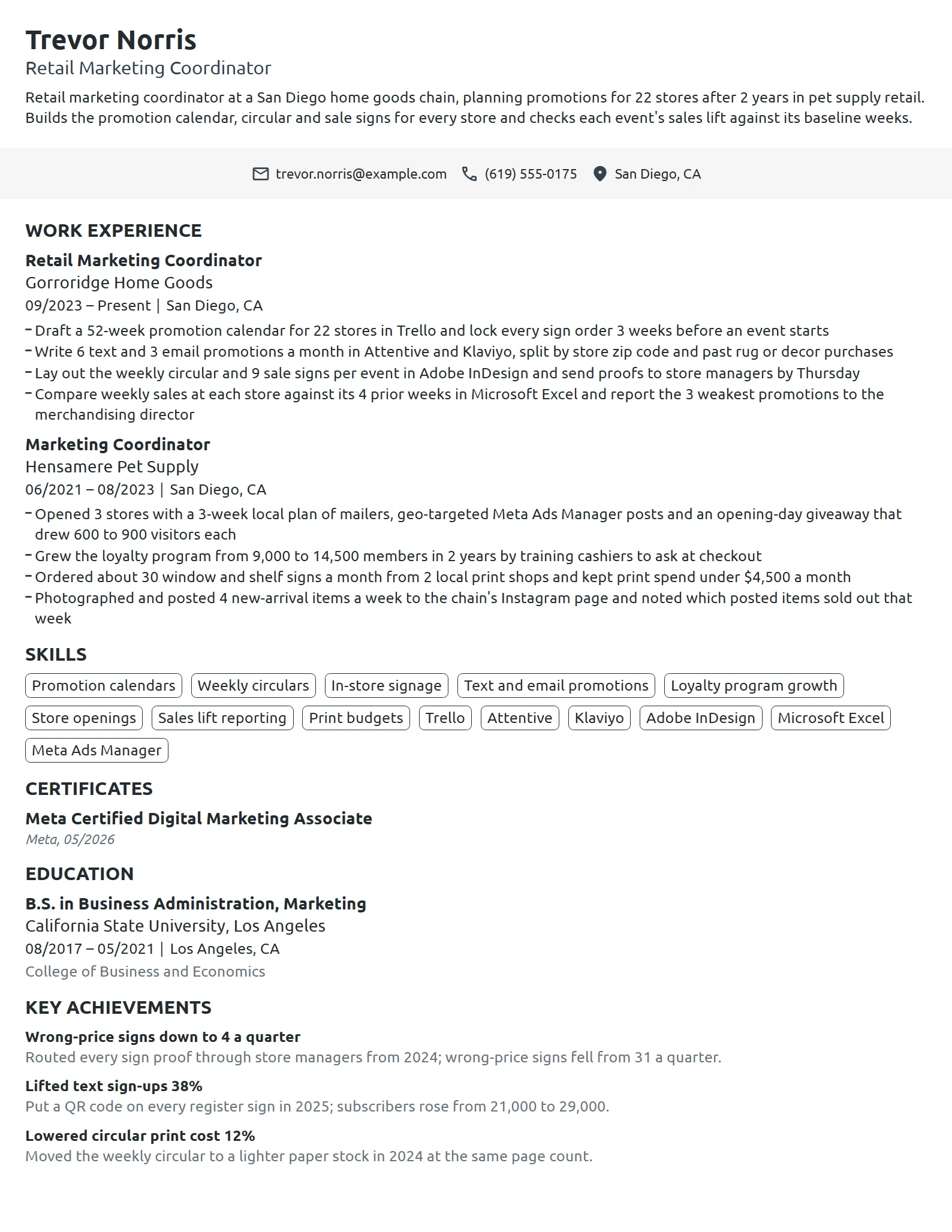 Retail Marketing Coordinator resume example