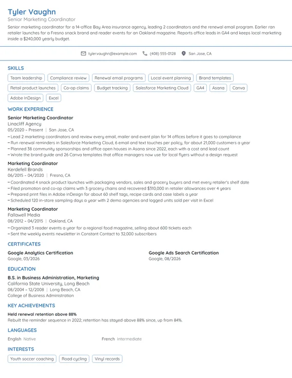 Senior Marketing Coordinator resume example