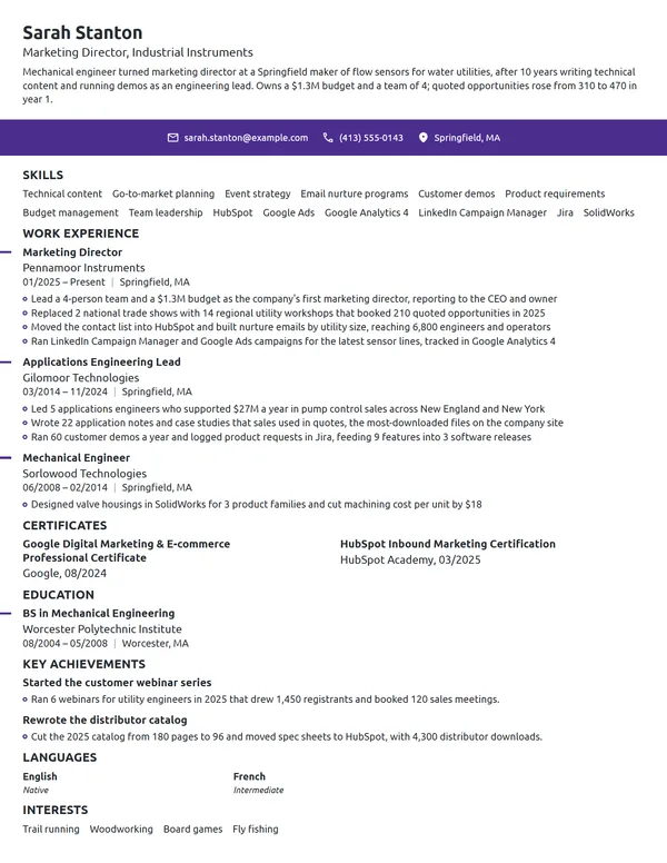 Career Change Marketing Director resume example