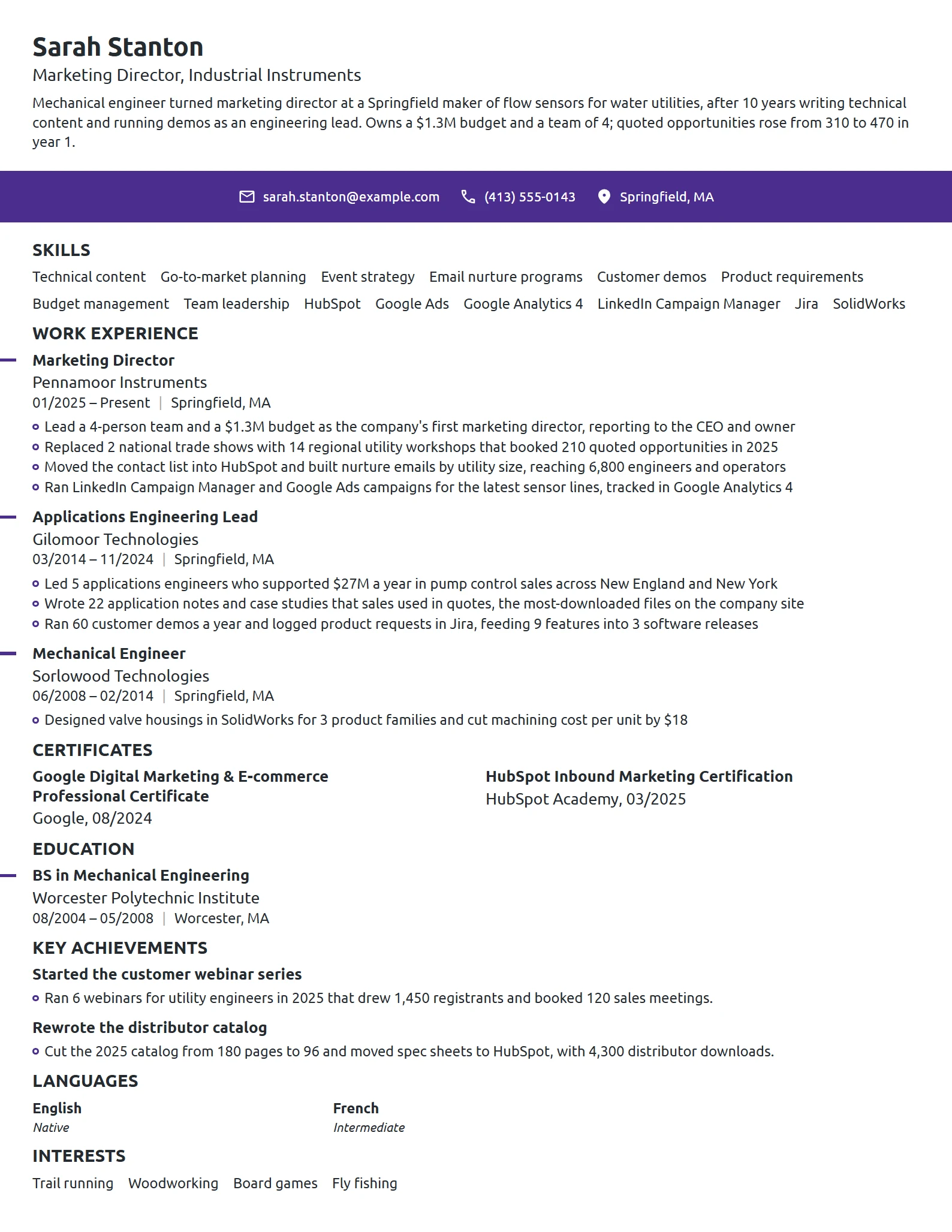 Career Change Marketing Director resume example