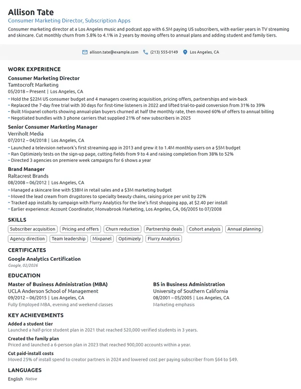 Consumer Marketing Director resume example