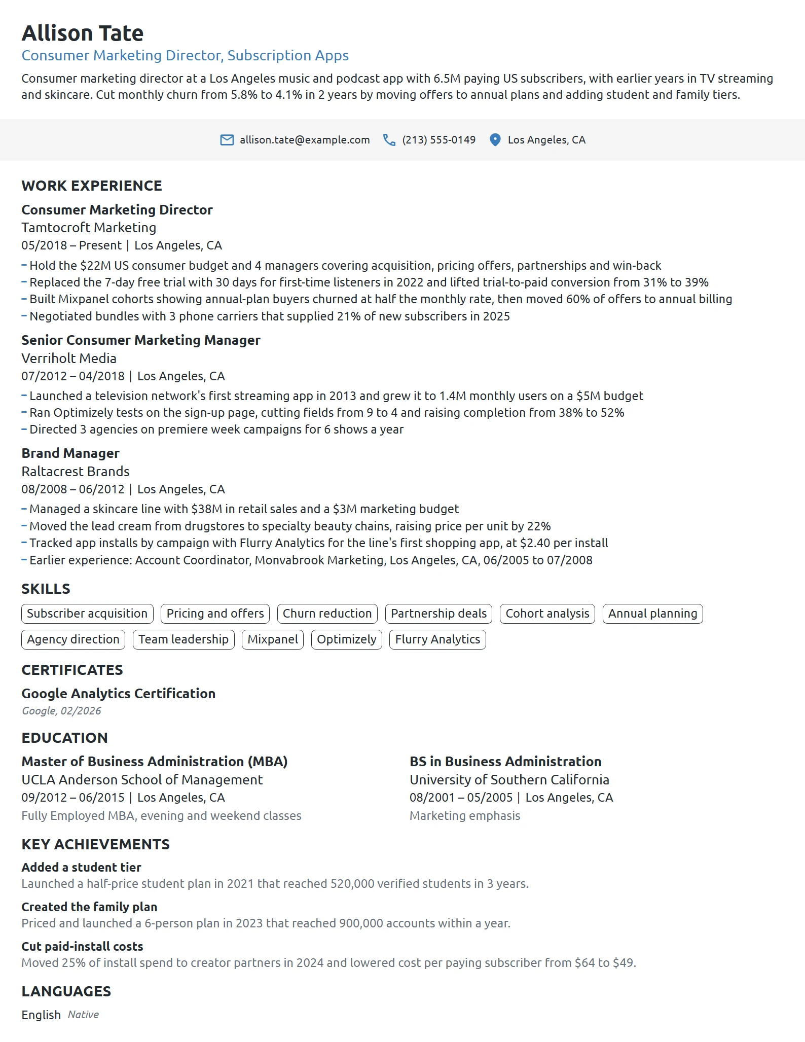Consumer Marketing Director resume example