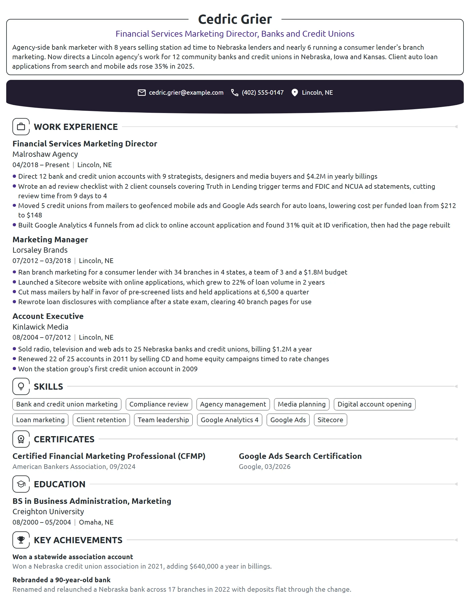 Financial Services Marketing Director resume example
