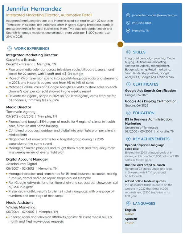 Integrated Marketing Director resume example
