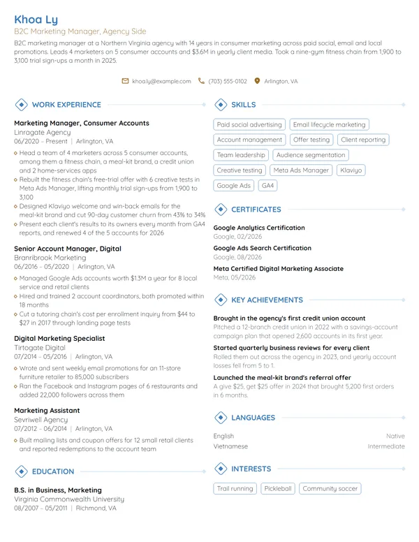 B2C Marketing Manager resume example