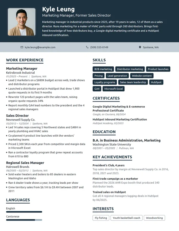 Career Change Marketing Manager resume example