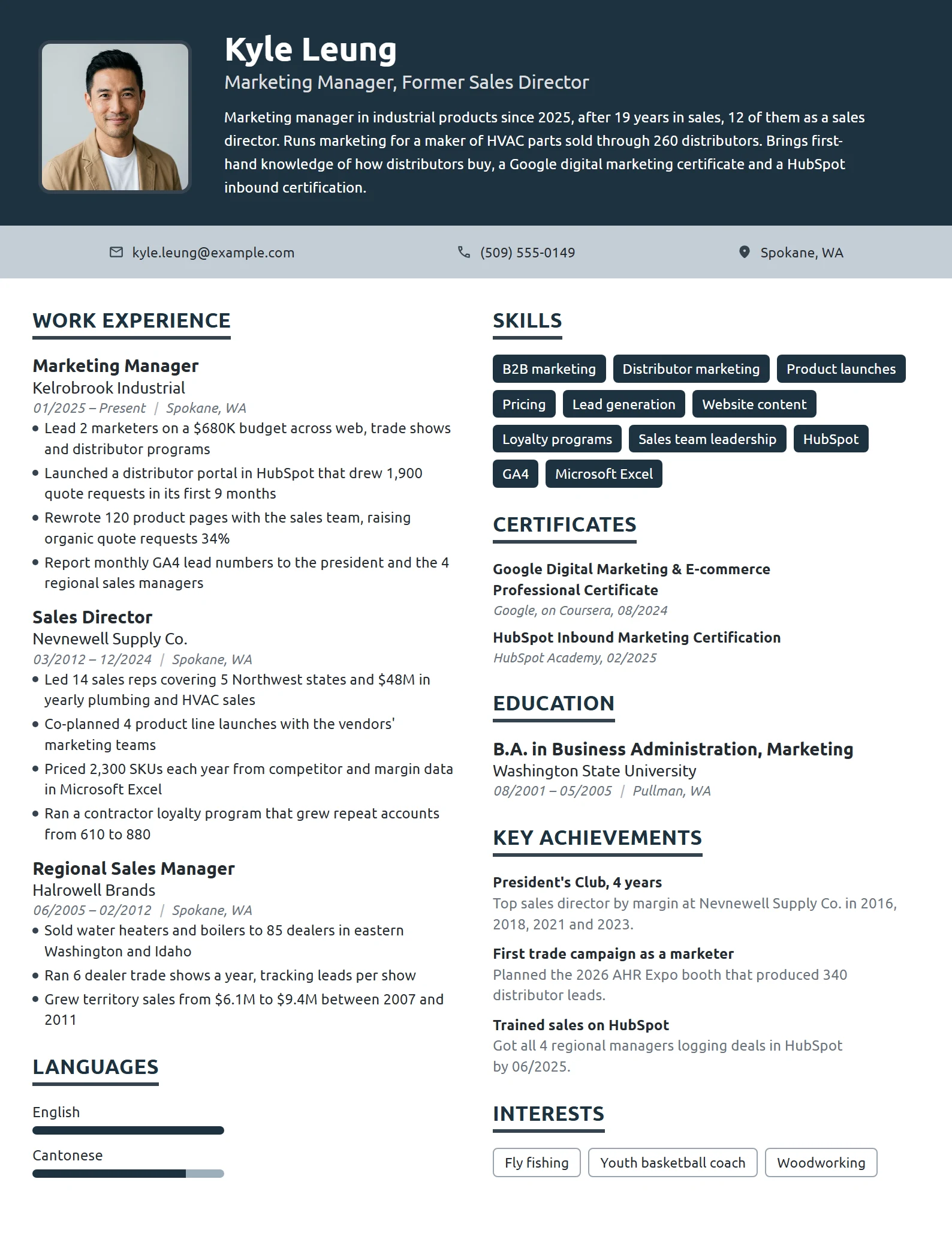 Career Change Marketing Manager resume example