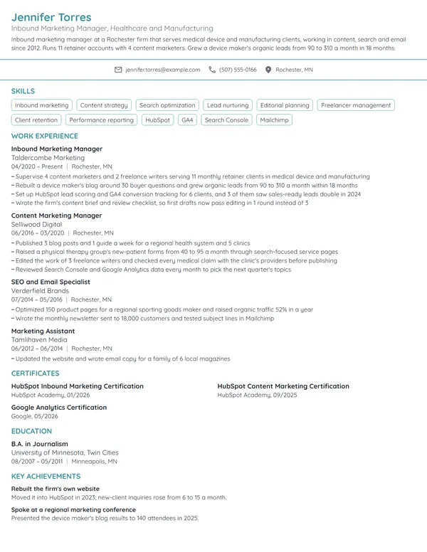 Inbound Marketing Manager resume example