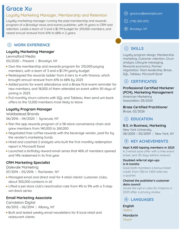 Loyalty Marketing Manager resume example