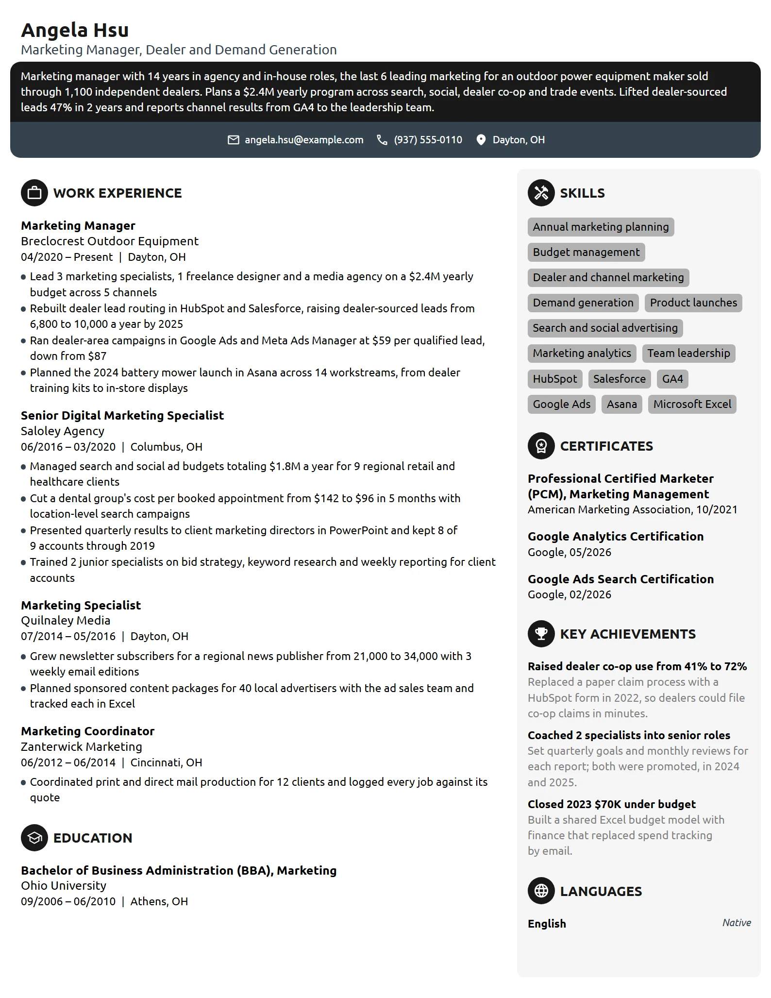 Marketing Manager resume example