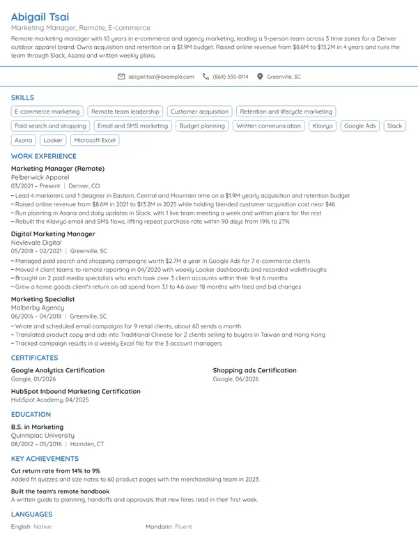 Remote Marketing Manager resume example