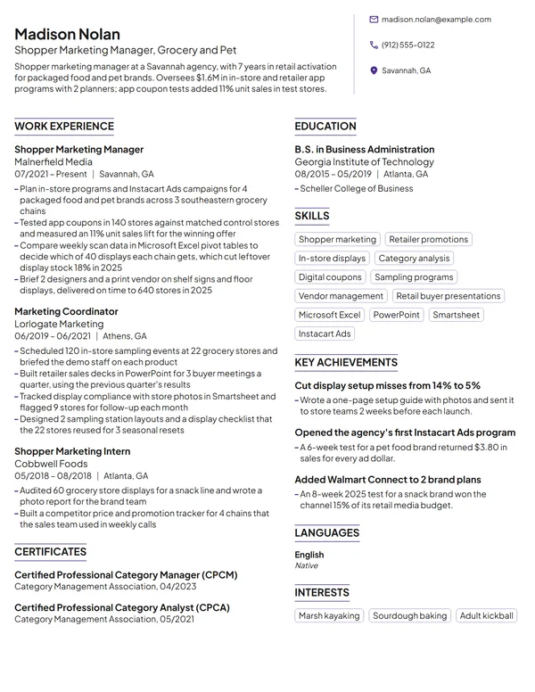 Shopper Marketing Manager resume example