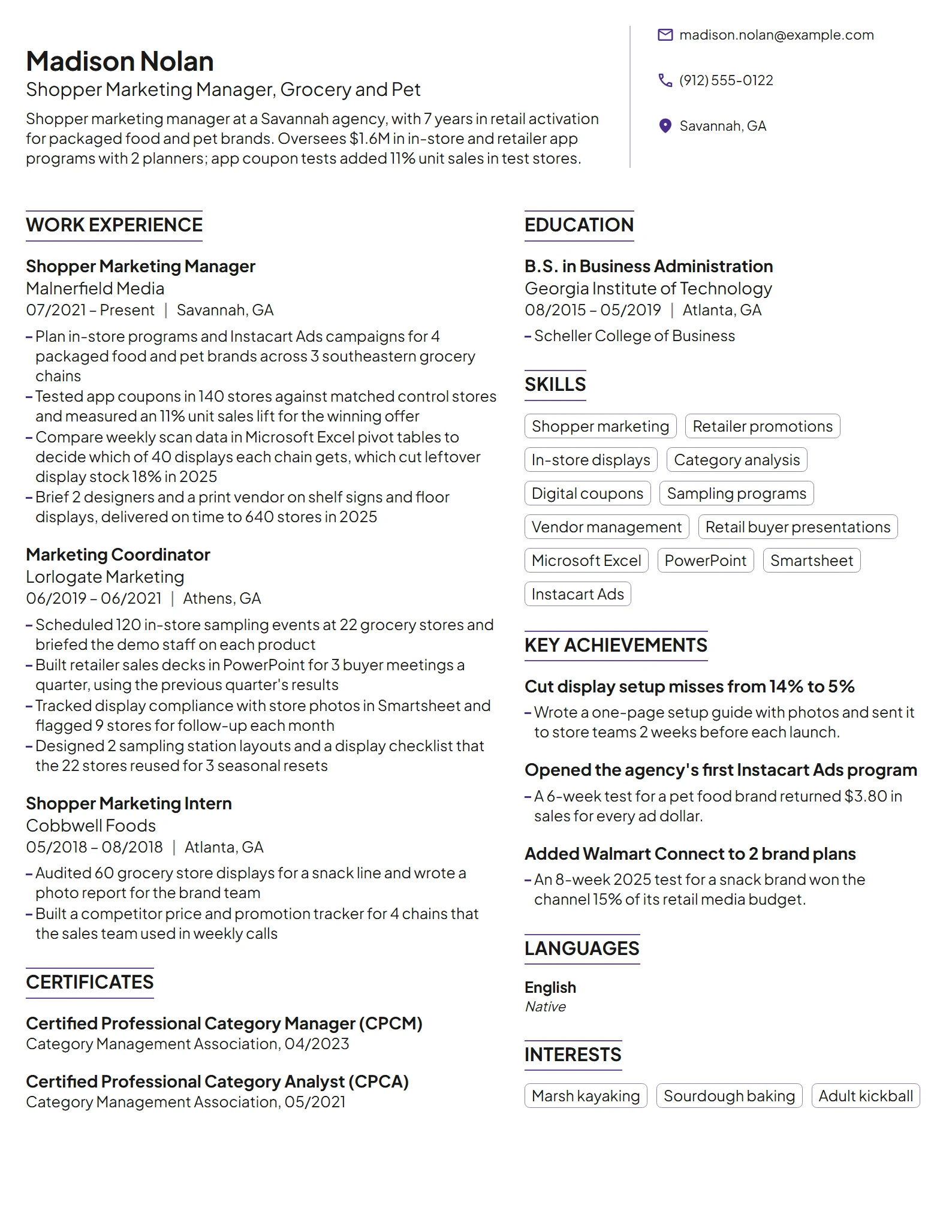 Shopper Marketing Manager resume example