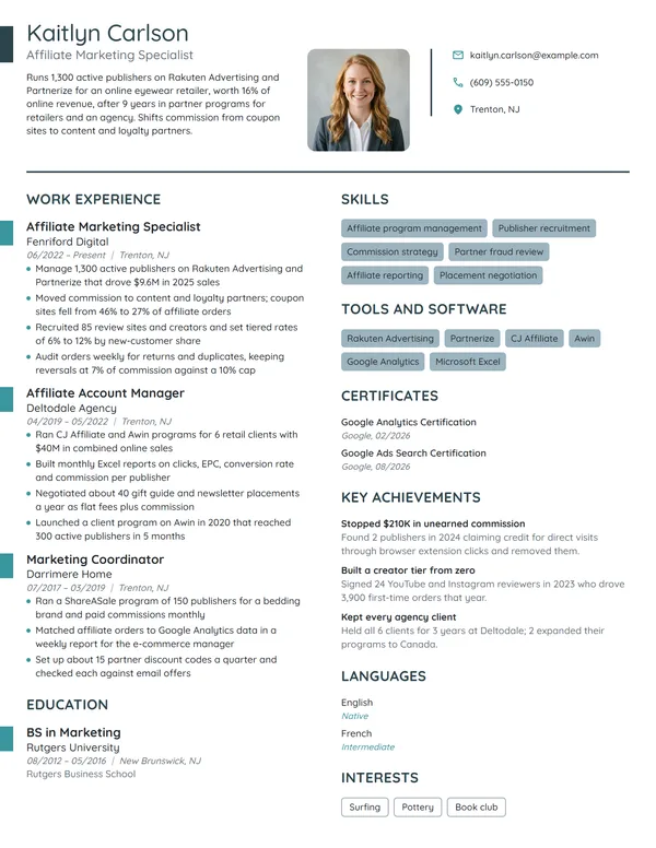 Affiliate Marketing Specialist resume example