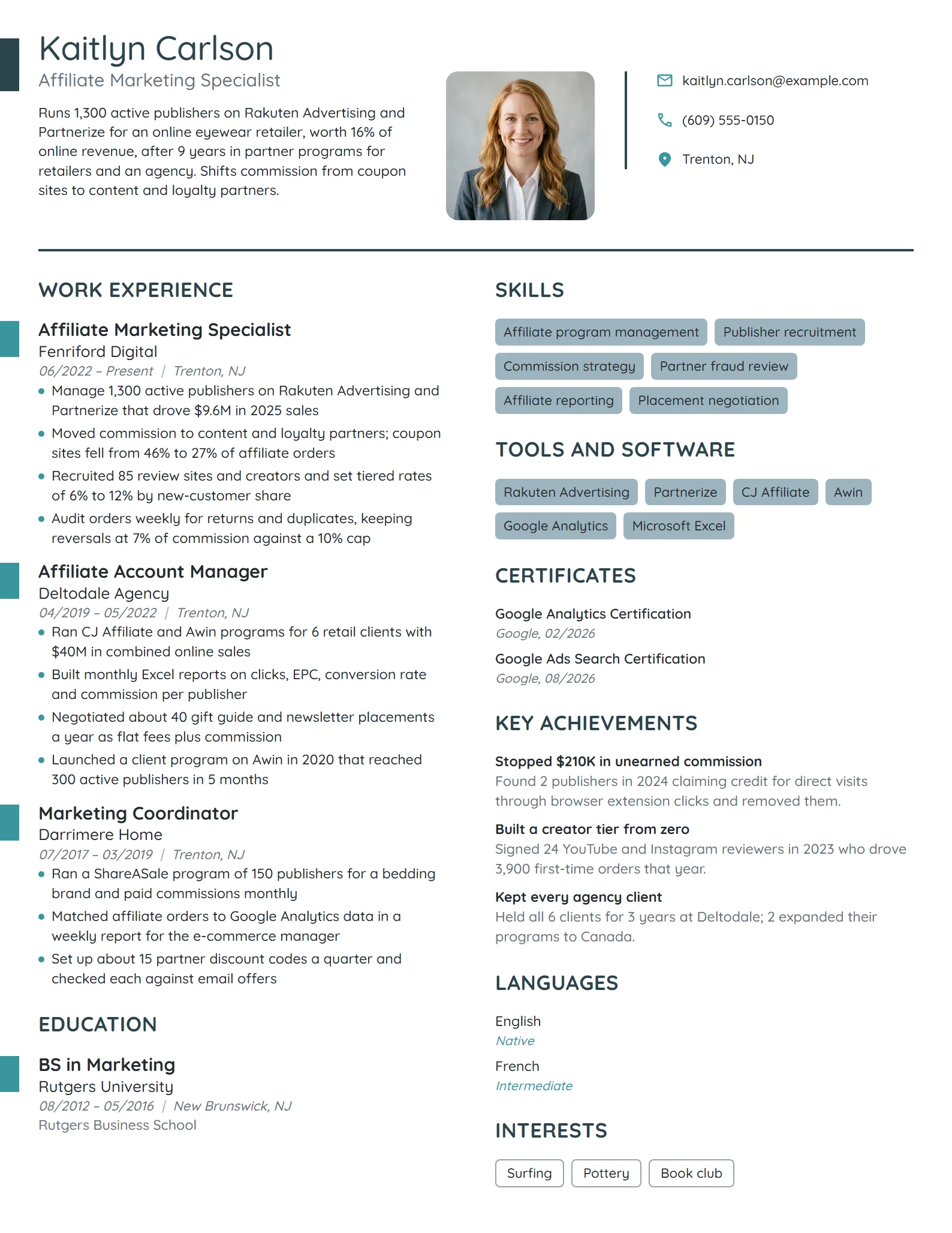 Affiliate Marketing Specialist resume example
