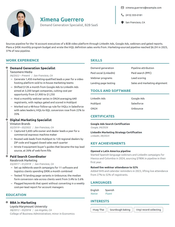 Demand Generation Specialist resume example