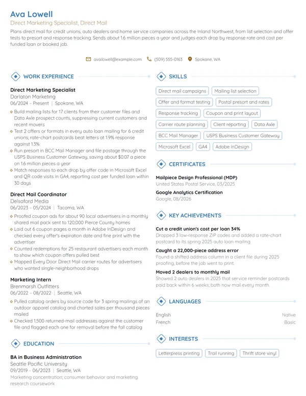 Direct Marketing Specialist resume example