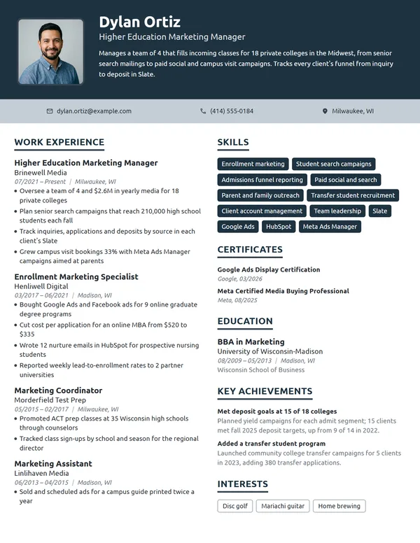 Higher Education Marketing Manager resume example
