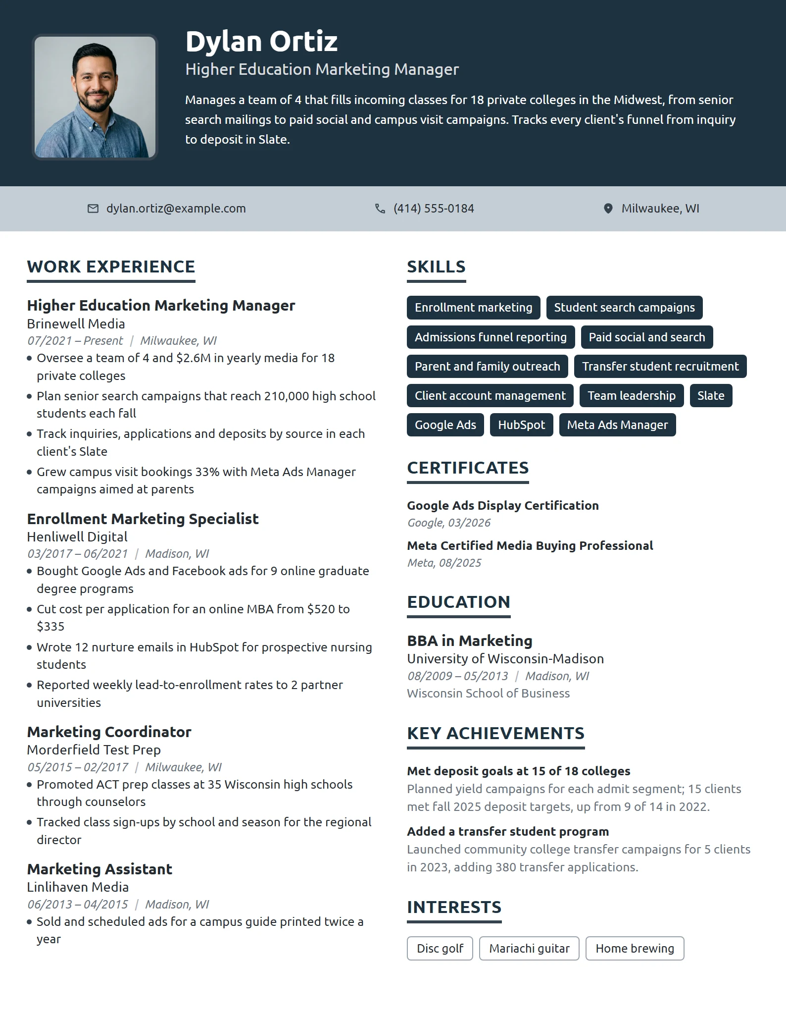 Higher Education Marketing Manager resume example